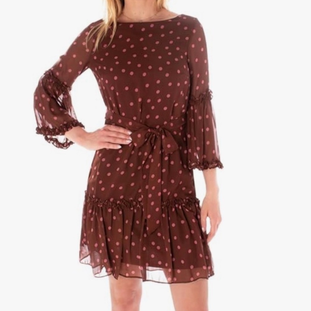 🆕 Maison Tara 3/4 Sleeve Chiffon Dot Print Fit and Flare Dress - Mocha / Rose